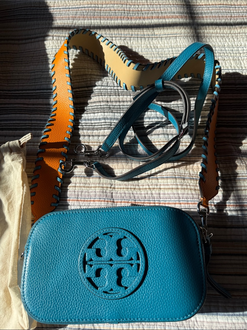 Tory Burch Teal Pebbled Leather Crossbody with Orange Accent Strap